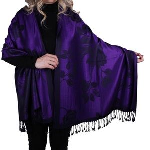 Women Soft Silky Pashmina Reversible Floral Rose Shawl Wrap Scarf W/fringes new